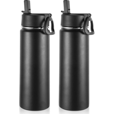 660ml Gourde Inox avec Paille 2 Paquets, Bouteille Isotherme Double Paroi avec Couvercle Sans BPA, Bottle Réutilisable en Métal Étanche pour Café, Sport, enfant, Cadeaux(Noir,2 Set) (1/5)