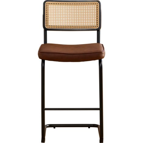 Lot de 2 tabourets de bar sans accoudoirs avec assise en cuir PU vintage, dossier en bois massif et rotin, pieds métalliques laqués marron (1/5)