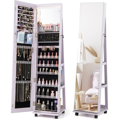 Mobiletto portagioielli su ruote di grande capacità 40 x 38 x 164 cm illuminazione a LED e contenitore acrilico in MDF viola 200009917