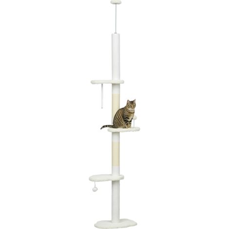Katzenbaum, höhenverstellbar (225–255 cm), mit 3 Kratzstämmen und 2 Bällen, 48 x 32 x 225–255 cm, weiß