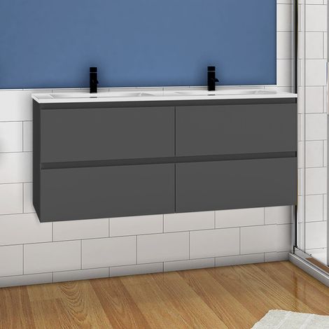 1200mm Bathroom Vanity Unit With Wash Basin Ceramic Sink, 2 Drawers, High Gloss Grey, Cloakroom Storage Furniture Under Basin Cabinet, Wall Hung Cabinets (1/4)