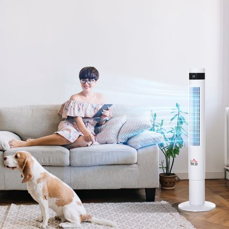 Ventilador de torre, ventilador de pedestal con 3 velocidades, control remoto, ventilador de 50 W con temporizador de 12 horas, pantalla LCD, oscilación de 85°, para dormitorios, blanco