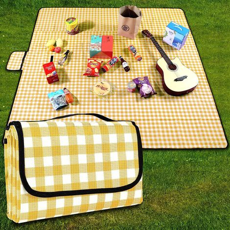 Couverture de Pique-Nique Tapis de Plage Imperméable 200 × 200cm, Lavable à Carreaux avec Poignée,jaune (1/5)