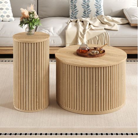 Set di 2 tavolini rotondi annidati 60x60x38,5 cm e 30x30x56 cm, in MDF, effetto legno naturale (1/5)