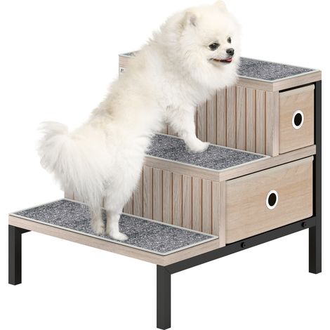 PawHut Dog Stairs with Storage, Dog Steps for Older Cats & Small Dogs, Oak (1/5)