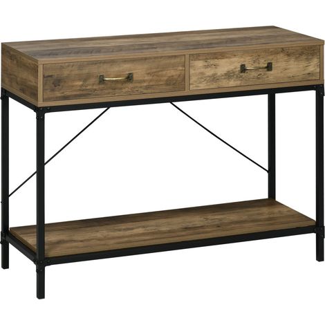Console vintage marron/noir avec 2 tiroirs-Étagère inférieure-Pour entrée et salon-100x35x76,5cm (1/5)