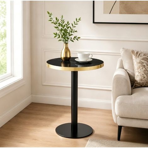 Mesa auxiliar redonda 60 cm efecto mármol, tablero MDF, estructura metálica negra y dorada OKMYHOME (1/5)