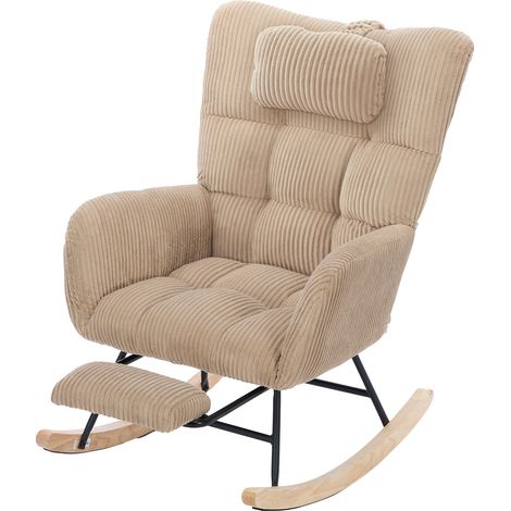 Sillón mecedora de tejido bouclé marrón con respaldo alto, reposabrazos y cojín para la cabeza (1/5)