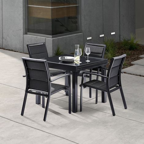 Berah Getah – Table de jardin extensible en aluminium noir 4/8 places – Longueur 90/180 cm – Largeur 90 cm – Hauteur 75 cm – Design moderne