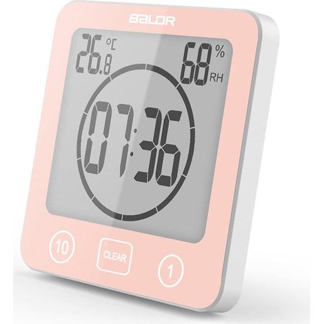 Montre de salle de bain étanche, horloge de douche tactile, réveil LCD numérique, thermomètre hygromètre, minuteur compte à rebours (Rouge) (1/5)