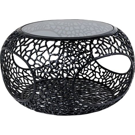 Mesa baja METRIX redonda 74 cm negra con tapa de vidrio templado – Mesa baja de diseño con nichos abiertos