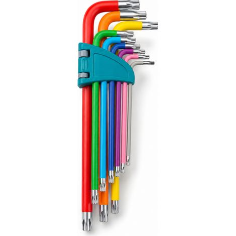 Set 9 Chiavi Torx Ad Elle con Foro Extra Lunghe Colorate Antiscivolo T10-T50