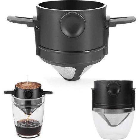 Filtre à café réutilisable – Acier inoxydable – Goutteur pliable – Voyage et camping – Sans papier – Noir (1/5)
