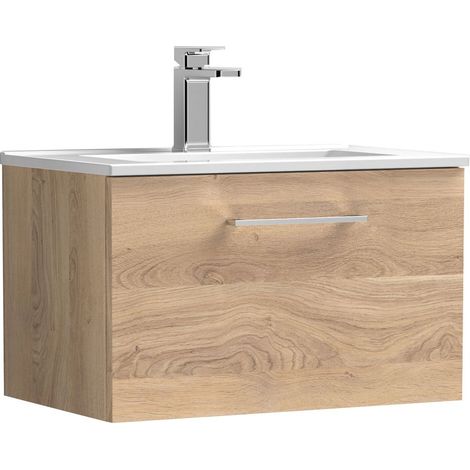 Balterley  Contemporary Bathroom 1 Soft Close Drawer & Minimalist Wall Hung Vanity Unit Basin, Bleached Oak, 600mm