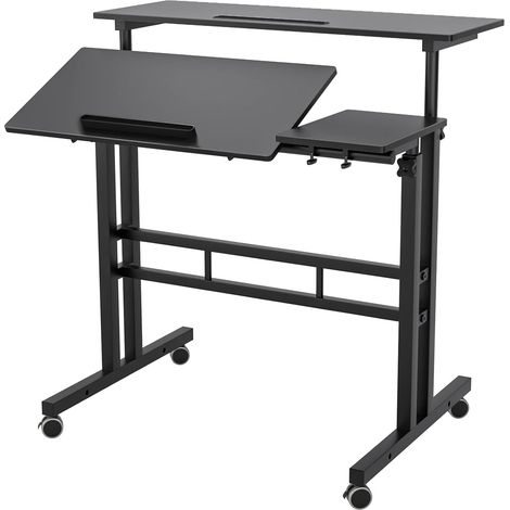 Need – Bureau assis debout réglable 80x40cm – Hauteur de 70 à 115cm – Panneau en bois de particules – Cadre en métal robuste avec roulettes
