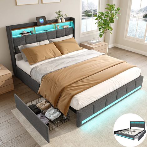 Chambre complete adulte,sommier 160x200,lit deux place,Lit coffre 160x200,lit led 160 x 200,LED,Rangement,USB,4 Tiroirs,Lin,Gris (1/5)