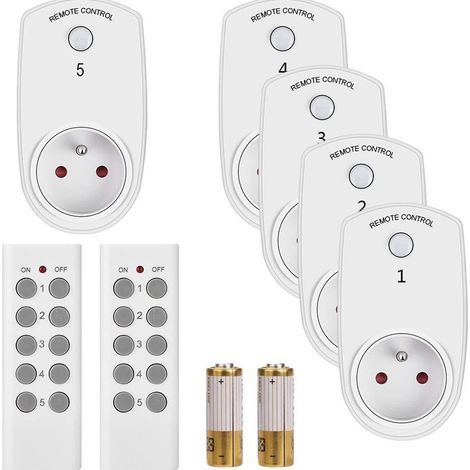 Remote Control Socket, Power Cut-Off Socket, Wireless Remote Control Switch 10A/2300W, Smart Socket with Controller, for Household Appliances, Pack of 5 Sockets and 2 Remote Controls (1/5)