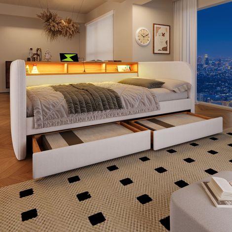 Lit banquette 2 Places 140x190 cm avec 2 Tiroirs, Tête de Lit avec espace de rangement, LED et USB-C, Sommier à Lattes, Lin - Beige Clair (Sans matelas) (1/5)