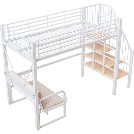 Cama alta metálica 90 x 200 cm con sofá acolchado extraíble, escalera con almacenaje, blanca (1/5)