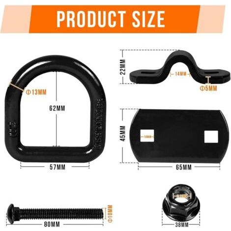 Lot de 4 œillets d'arrimage pour remorque - 5400 kg - Anneaux d'arrimage - Anneau de Montage - avec vis - Crochets de Montage pour sécuriser Le Chargement dans Les Voitures, Kayaks et (Noir) (1/4)