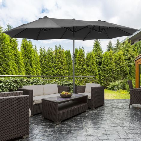 Ombrellone doppio da giardino 455x265x238 cm, grande ombrellone con manovella manuale, resistente all'acqua, protezione solare, grigio