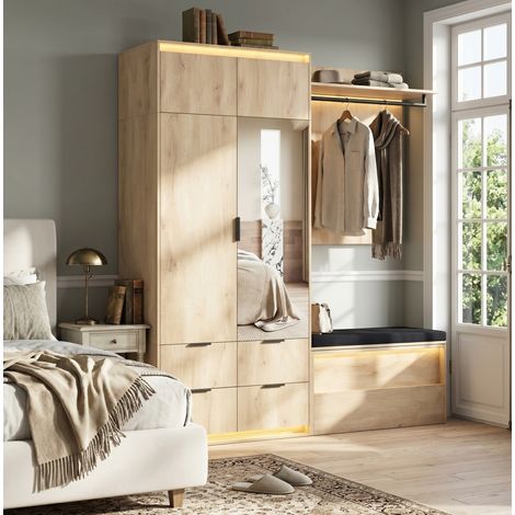 Vestiaire d'entrée avec miroir, banc, LED, 4 tiroirs et 2 tringles, chêne anthracite OKMYHOME (1/5)