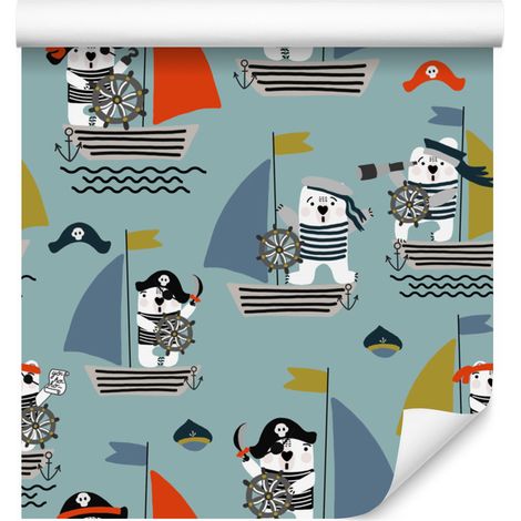 Papel pintado de barcos, piratas y animales para salón y dormitorio, 50x1000 cm. (1/5)