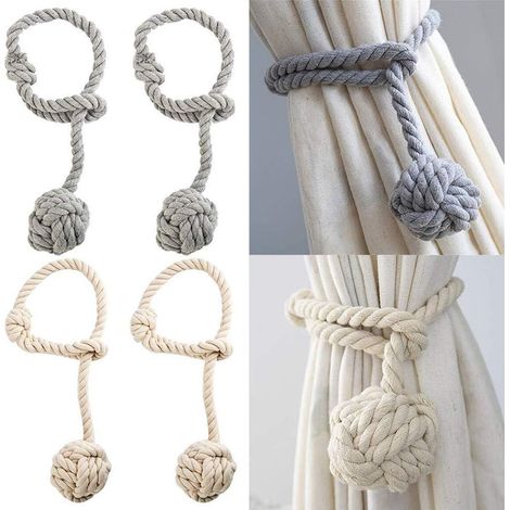 Attaches de rideau 2 paires de pinces tricot main en corde de coton, style naturel et simple, idéales pour décoration chambre ou salon, blanc et gris (1/5)