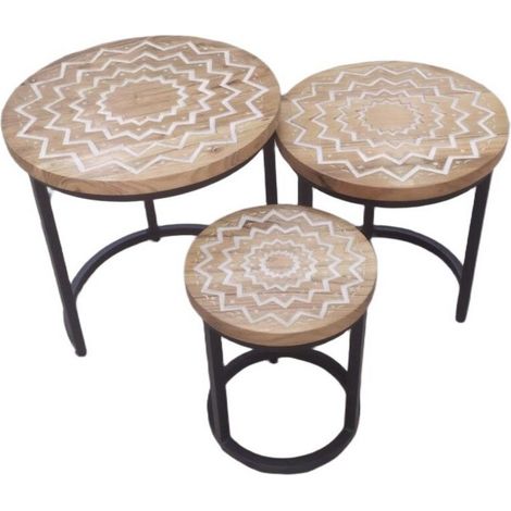 45/38/28cm Nest of Tables (Set of 3) - Wood - L28 X W38 X H45 cm - White Inlaid Zigzag Tabletop