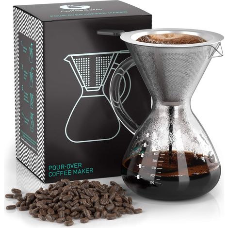 800ml Coffee Maker Pouring Coffee Maker Manual Coffee Filter High Temperature Resistant Glass with Reusable Stainless Steel Filter, Glass Drip Brewer Strainer (1/5)