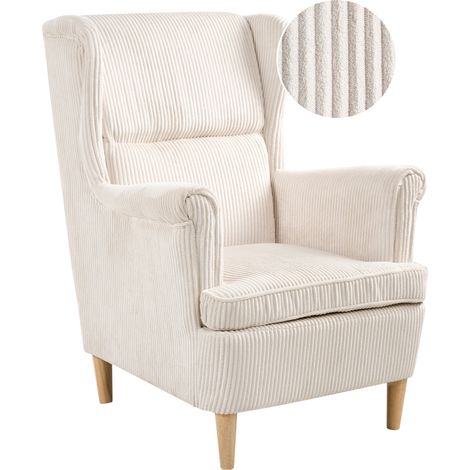 Sillón orejero clásico con respaldo alto tapizado en pana patas de madera beige claro Abson