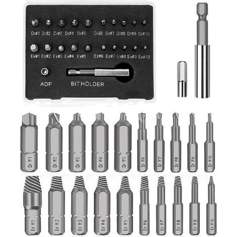 A screw removal tool kit containing 22 screw extractors, drill bits, and screwdrivers for removing damaged screws, as well as tools for removing brok (1/5)