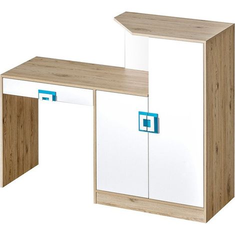 Bureau Tolfere 105, Chêne clair + Blanc + Turquoise, Avec tiroirs, Avec des portes, Le nombre de portes: 2, Nombre de tiroirs: 1, 78x150x50cm