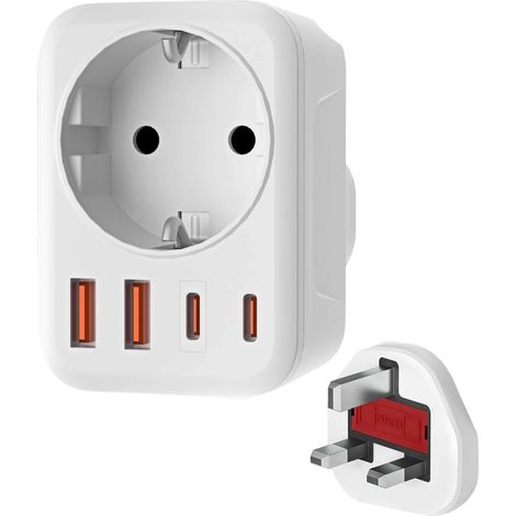 Adaptateur de voyage Royaume-Uni vers Allemagne avec 1 prise secteur, 2 ports USB-C et 2 ports USB-A (3,4 A), adaptateur de prise Royaume-Uni vers UE, convient au Royaume-Uni, à l'Irlande, à Malte, au (1/5)