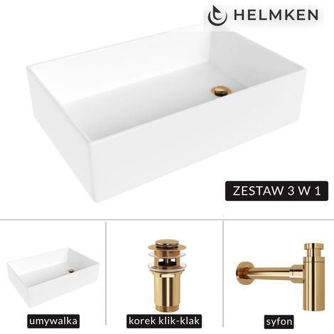 Lavabo de encimera Helmken 51861000 (61x40) Blanco + Sifón dorado + Tapón de clic dorado (1/5)