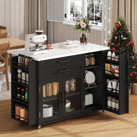 Îlot cuisine roulant 120x45(70)x90 cm plan pliant tiroir couverts étagère épices rangements (1/5)