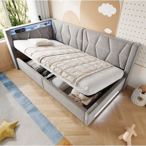 Lit coffre 90x200 cm en velours gris, gain de place pour chambre, sans matelas FloraGrace (1/5)