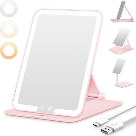 Miroir Maquillage Lumineux Rechargeable, Pliable et Portable, Rose 3 modes d'éclairage, luminosité réglable, miroir de table ultra-fin pour maquillage, retouches et soins du visage (1/5)