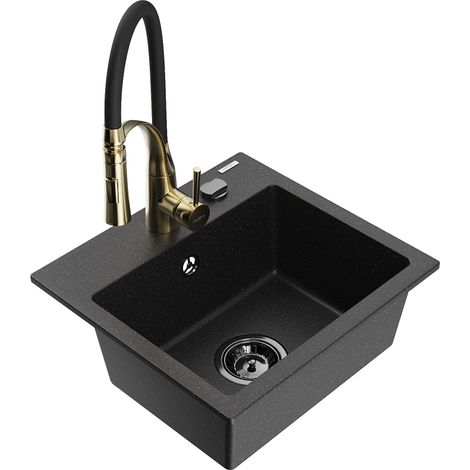 Mexen Milo lavello in granito a 1 vasca con miscelatore da cucina Aster, nero/argento metallizzato - 6505-73-73450-57-B (1/5)