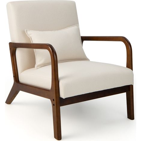 Chaise fauteuil lounge inclinable 79 x 65 x 77 cm coussin lombaire et patins antidérapants style moderne en bois de caoutchouc beige