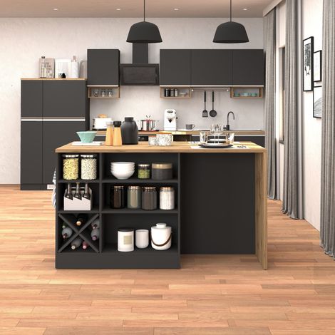 WHOUS Isola da cucina Sole con 1 anta 2 cassetti e 6 vani antracite opaco/rovere 153x90x91 cm