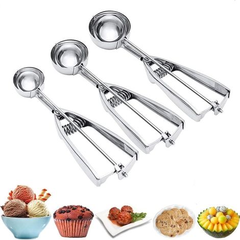 Stainless Steel Ice Cream Scoops (3 Pieces) — Polished, Sizes 4/5/6 cm, with Ejector, for Melon Scoops (1/4)