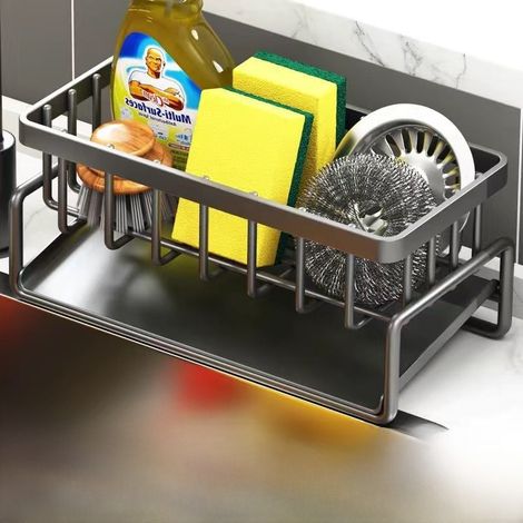 Küchenablage, Geschirrtuchabtropfgestell, Gewürzregal ohne Bohren, Spülbeckenzubehör (schwarz ohne Stange [verpackt] [Kohlenstoffstahl])