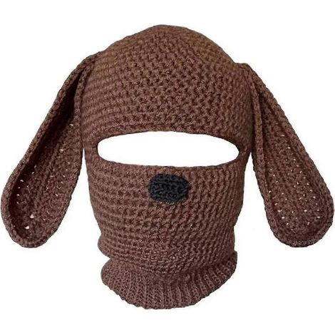 Bonnet tricoté, masque intégral, bonnet en laine, cagoule, chapeau pour Halloween-Brown rabbit ears