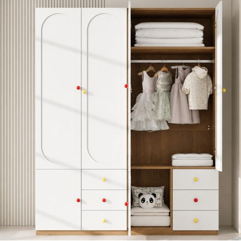 Armoire 2 portes avec tiroirs, meuble de rangement pour chambre, mobilier de chambre d'enfant, avec tringle à vêtements, poignées en céramique colorées, blanc, finition laquée, lot de 2 (1/5)