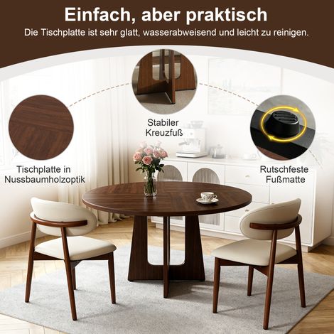 Ensemble de salle à manger rond modulable avec 1 table Ø 120 cm en MDF noyer et 2 chaises en chêne massif (1/5)