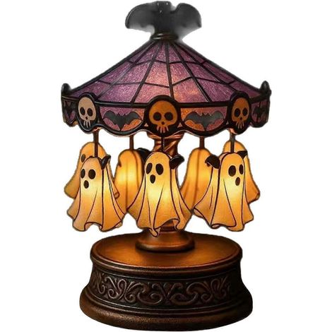 Veilleuse carrousel fantômes d'Halloween, lampe de table gothique LED rotative et effrayante, ornement peint à la main, ambiance mystérieuse et hantée, cadeau parfait (1/5)