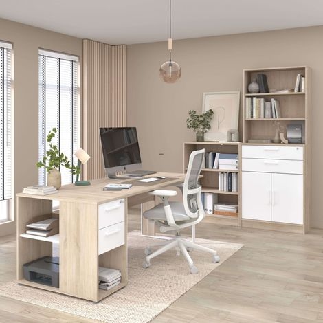 Pack Muebles de Oficina Veltis, Escritorio, Cajonera, Armario Bajo, Estantería Alta Color Blanco y Roble Japonés