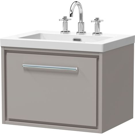 Balterley Longnor Modern Bathroom 1 Soft Close Drawer Wall Hung Vanity Unit Fireclay Basin, Pebble Grey, 600mm
