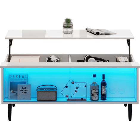 ELVMI Table Basse Relevable avec 2 Rangements Cachés, 2 Portes Coulissantes en Verre, LED, Blanche, 105 x 50 x 43 cm (1/5)